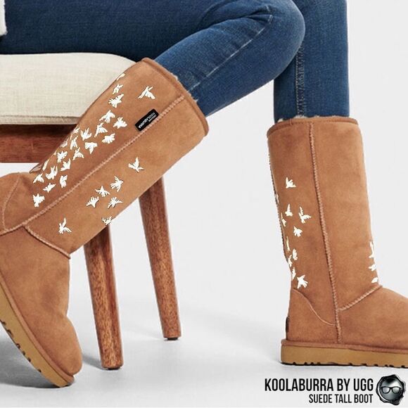 UGG KOOLABURRA PEACE TALL BOOTS CHESTNUT SUEDE SHEEPSKIN FLYING BIRDS DOVE FLOCK - Picture 2 of 16